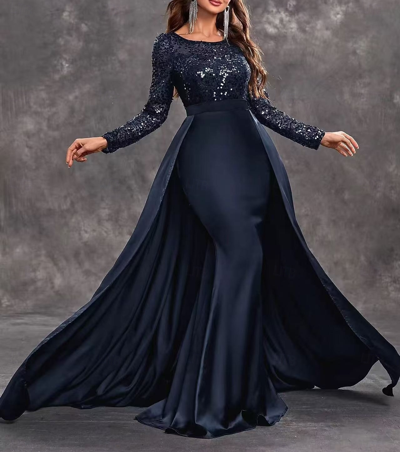 Mermaid / Trumpet Party Dresses Vintage Dress Evening Party Black Tie Gala  Sweep / Brush Train Long Sleeve Scoop Neck Detachable Charmeuse with Glitter  Pearls Sequin 2026 - CAD $268.99