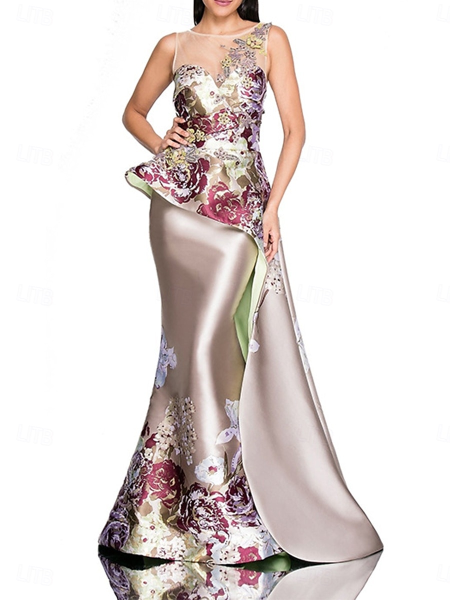 Mermaid Peplum Kjole Kveldsdrakt Elegant Kjole Bryllup Bryllupsgjest Gulvlengde Uten Ermer Crew Utringning Sateng med Blomstertrykk og Brodert Blonder 2025 - $199.99 –P3
