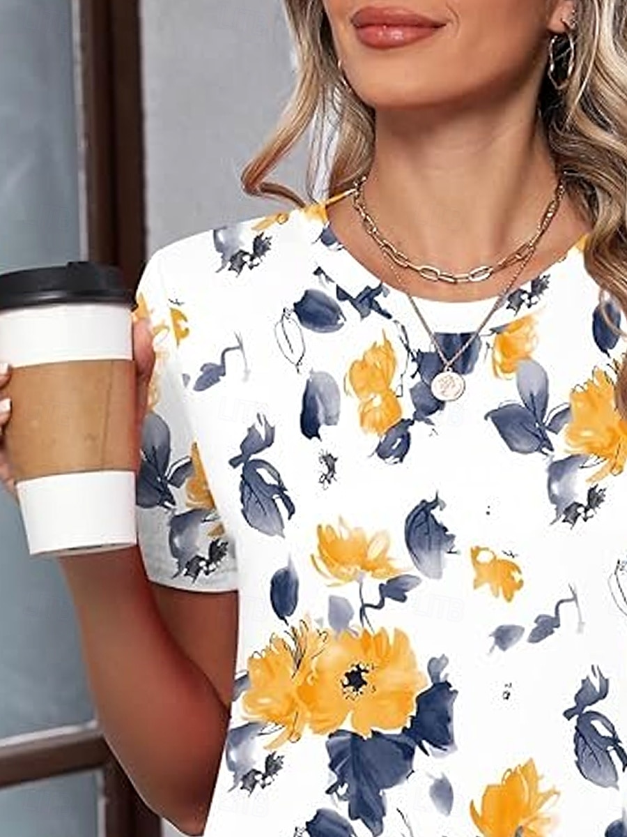 Femmes T-shirt Fleuri Graphique Élégant Occasionnel Manche Courte Col rond Hauts Réguliers Quotidien Week-end Imprimé Jaune Été Printemps de 2025 ? $19.99 –P2