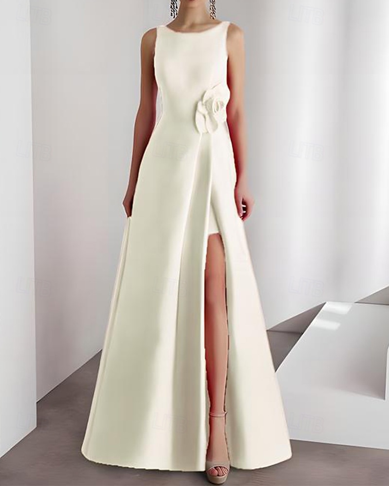 A-Line Evening Gown Elegant Dress Formal Wedding Floor Length Sleeveless Crew Neck Satin with Slit 3D Flower 2025 - $126.99 –P6