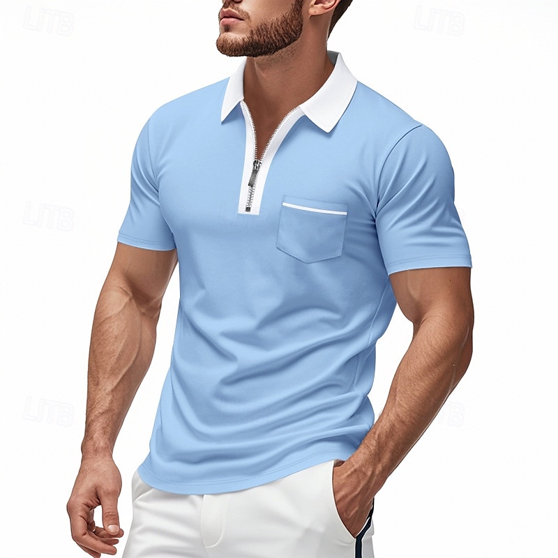 Voor heren Polo met kwartrits Golfshirt Dagelijks Feestdagen Kwart ritssluiting Korte mouw Modieus Basic Kleurenblok Lapwerk Zomer Lente Normale pasvorm Licht Blauw Zwart Wit Wijn Marineblauw Oranje 2025 - $17.99 –P20