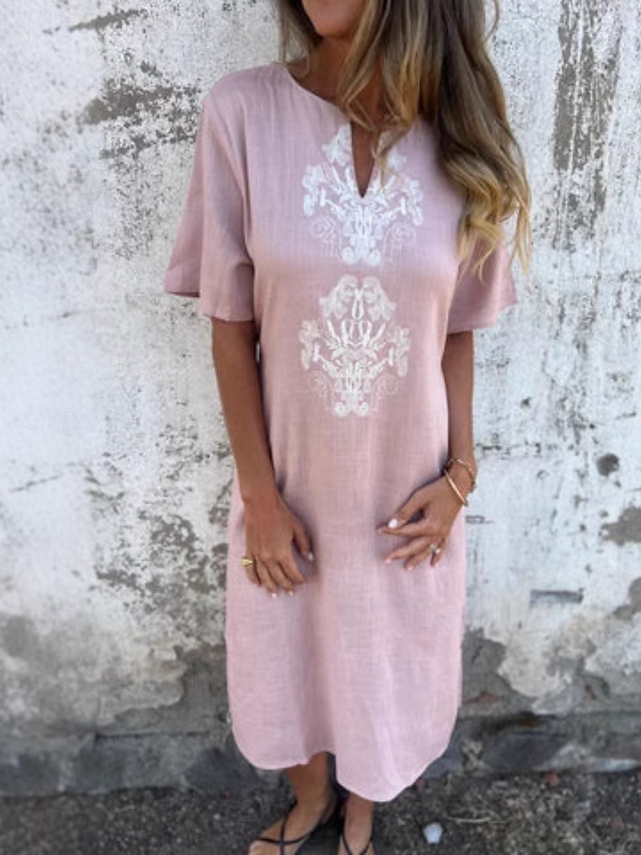 Vestido Maxi Feminino Vestido Shift Vestido de Verão Casual Diário Ajuste Regular Floral Manga Curta Gola Corte Notch Branca Amarela Rosa Vermelha Verão de 2025 por $32.99 –P6