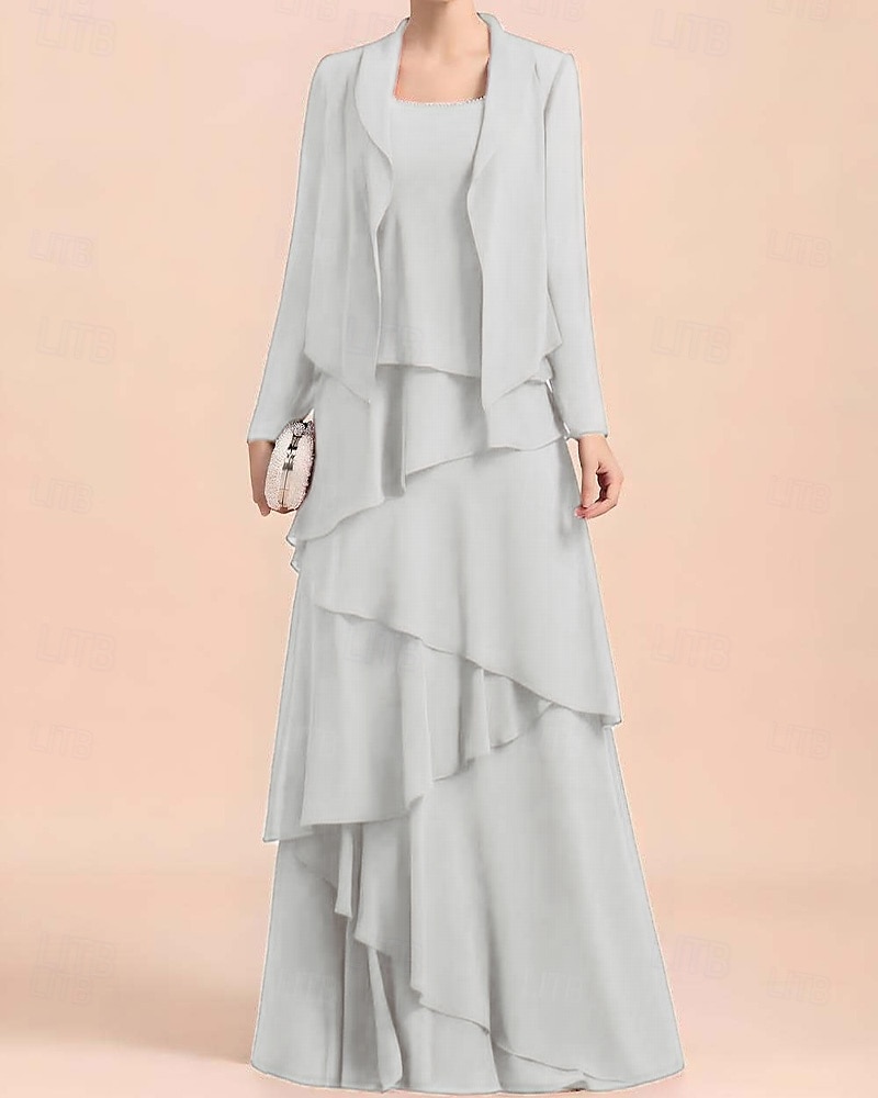 Abito A-Line 3 Pezzi per la madre della sposa Abito formale Elegante Vintage Semplice Girocollo Lunghezza fino al pavimento Chiffon Senza maniche Giacca con perline del 2025 a $185.99 –P1