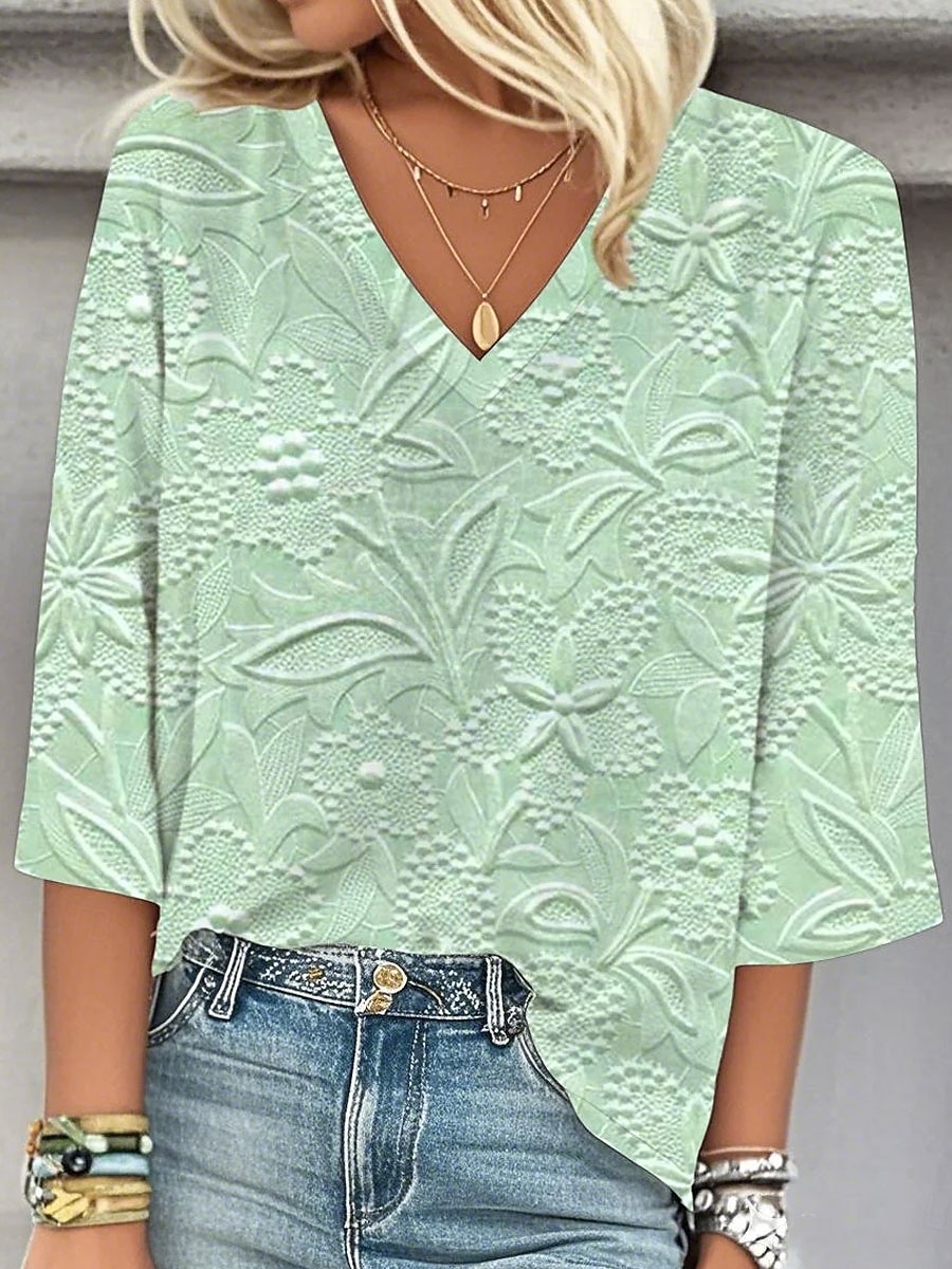 Kvinne Bluse 3D Trykk Blomster Grafisk Stilfull Strand Kort Erme V Hals Vanlige Topper Daglig Trykk Blå Grønn Beige Vår Høst 2025 - $25.99 –P3