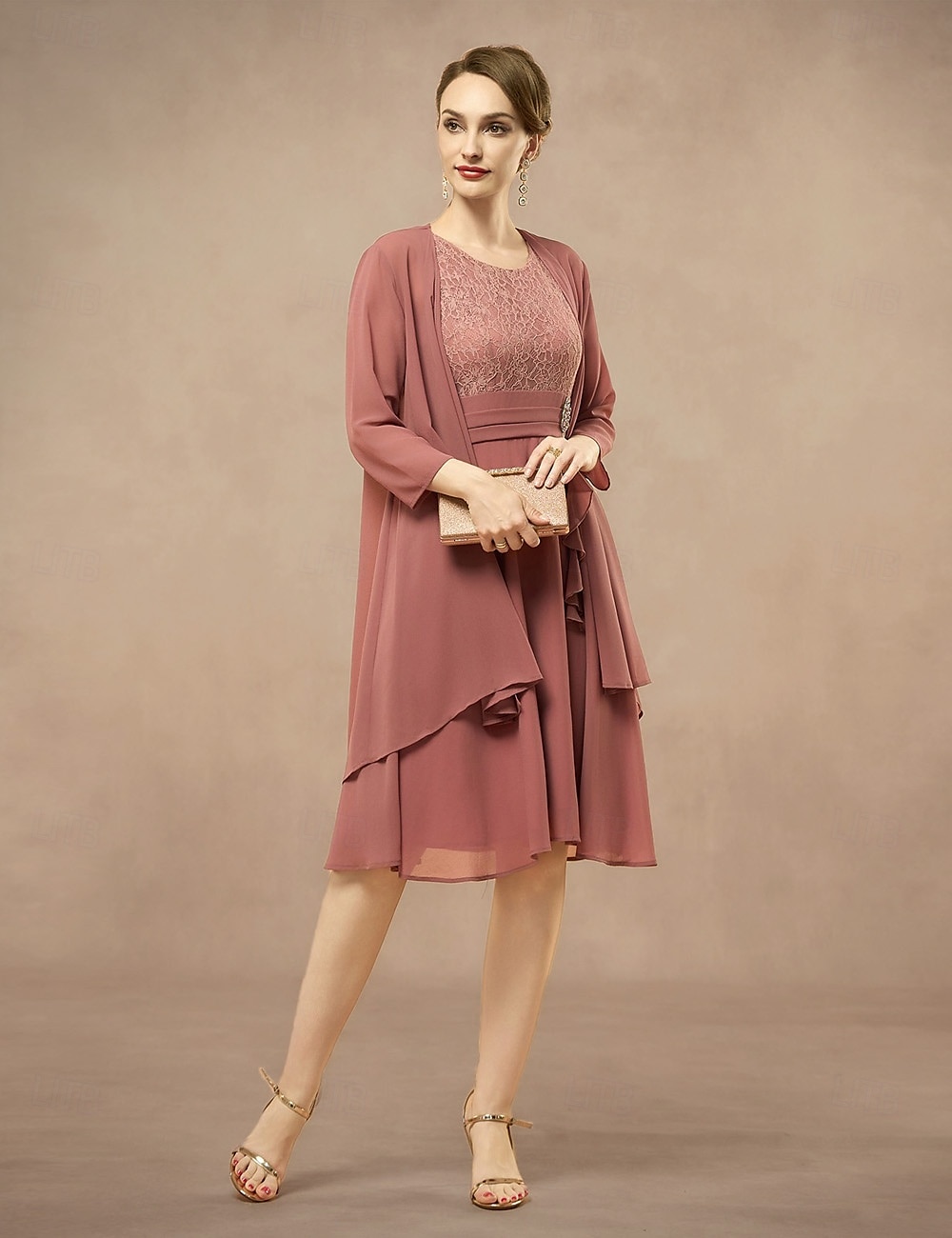 Spezzato Abito da cerimonia per signora Elegante Con decorazione gioiello Al ginocchio Chiffon Di pizzo Manica a 3/4 con Di pizzo Tinta unita 2025 del 2025 a $79.99 -P4