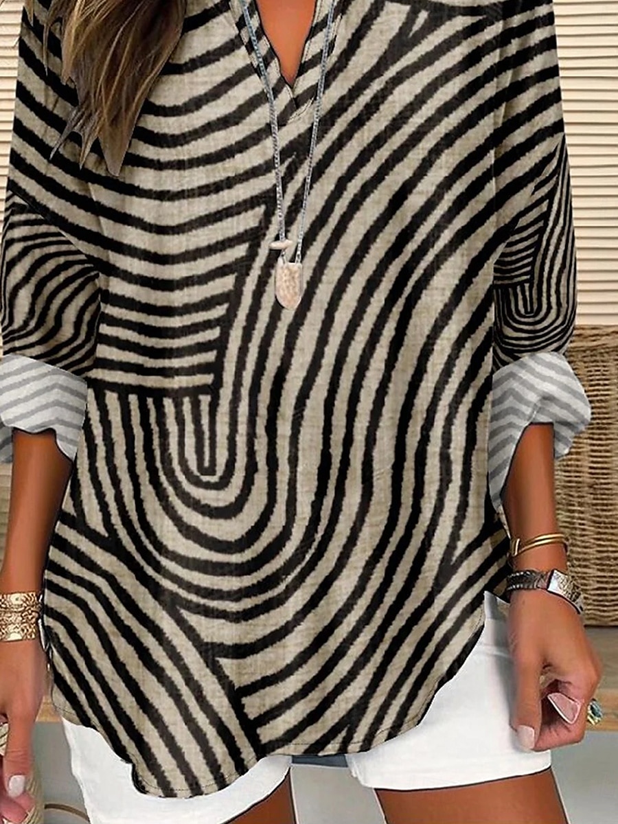 Women's Cotton Linen Shirt Graphic Striped Basic Casual Long Sleeve V Neck Regular Tops Daily Holiday Buttons Print Khaki Summer Spring 2025 - $21.99 –P3