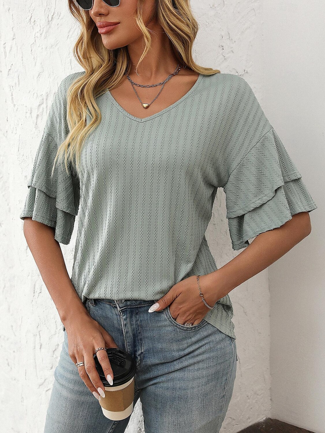 Women's T Shirt Plain Fashion Modern Short Sleeve V Neck Regular Tops Daily Ruffle Black White Wine Sky Blue Fuchsia Summer 2025 - $14.49 –P5