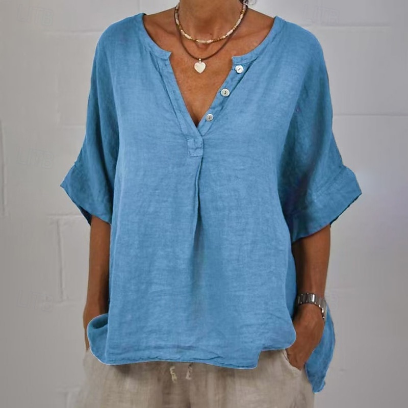 Per donna Camicia Blusa Camicie di cotone e lino Semplice Essenziale Moderno Casual Mezza Manica Scollo a V Top Regolari Quotidiano Ferie Uscire Bottoni Nero Giallo Rosa Grigio Azzurro Estate del 2025 a $22.99 –P6