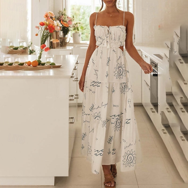 Dam Midiklänning Examensklänning Blommig klänning Slipklänning Klänning med tryck Mode Utomhus Helgdag Helgen Normal Blomma Ärmlös Smala axelband Vit Ljusblå Sommar 2025 - $25.99 –P7