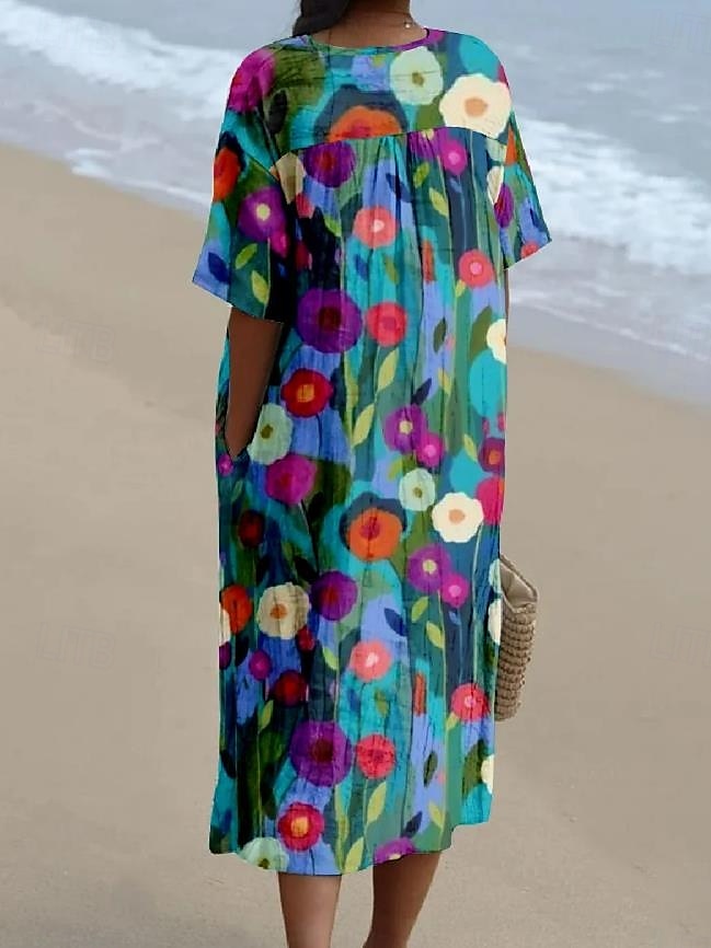 Robe Femme Midi Robe d'été A Line Lin Vacances Décontractée Plage Sortie Ajustement Large Graphique Fleurs Manches Courtes Col en V Jaune Bleu Été Plage de 2025 ? $36.99 –P2