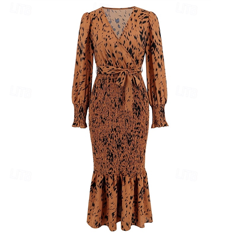 Damen Midikleid Cocktailkleid Etui-Kleid Mode Urlaub Ferien Teegesellschaft Normale Passform Leopard Langarm V Ausschnitt Schwarz Khaki Aprikose Sommer 2025 - $30.99 –P11