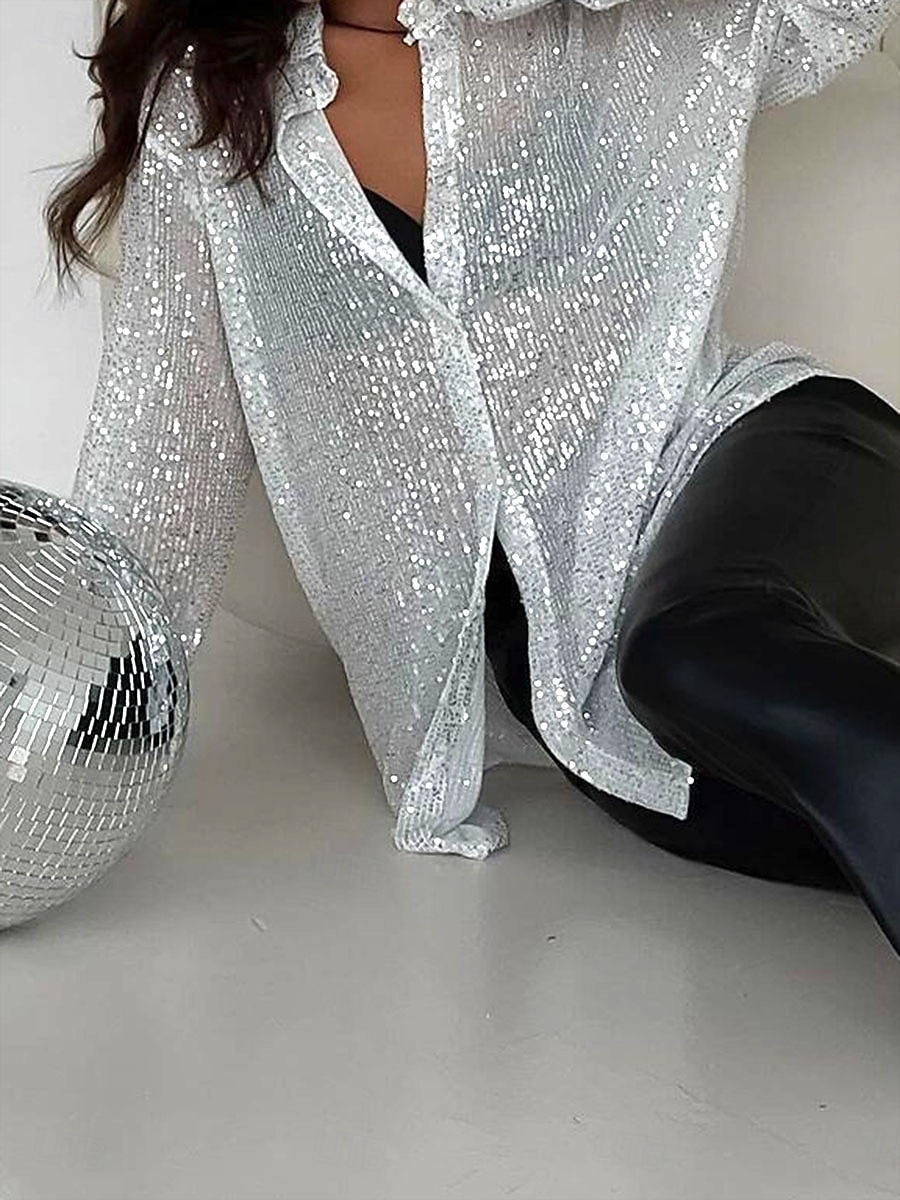 Mardi gras Női Kimenni a tetejére Nyári felsők Sima Divat meleg Modern Hosszú ujj Állógallér Normál felsők Party estélyi viselet Alkalmi Party ruhák Flitter Gombok Ezüst Fekete Nyár Tavasz Ősz 2025 - $27.99 –P2