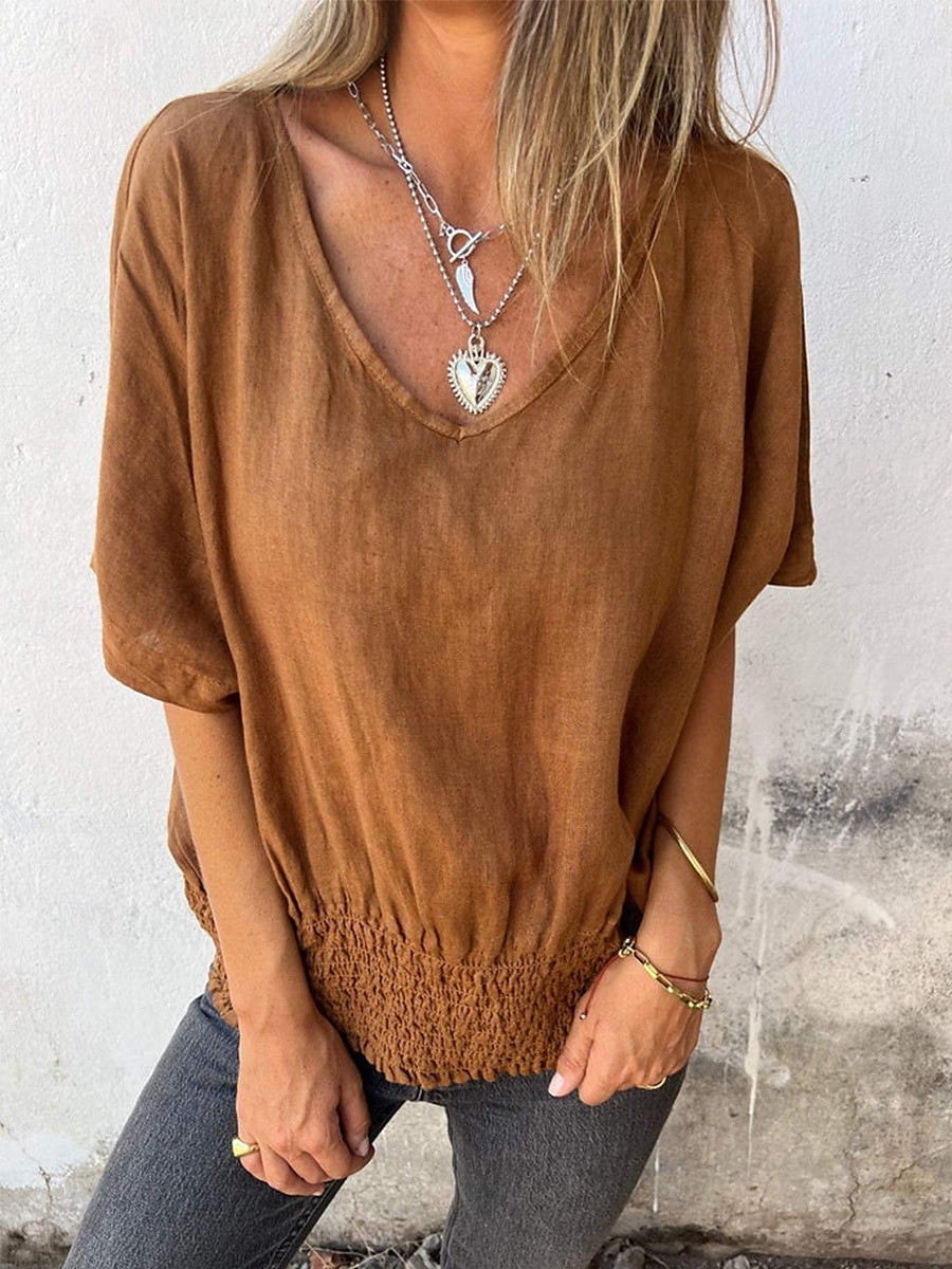 Blusa donna in cotone e lino colore solido stilosa casual maniche corte scollatura a V tops regolari quotidiani patchwork nero bianco marrone chiaro albicocca estate primavera del 2025 a $22.99 –P5