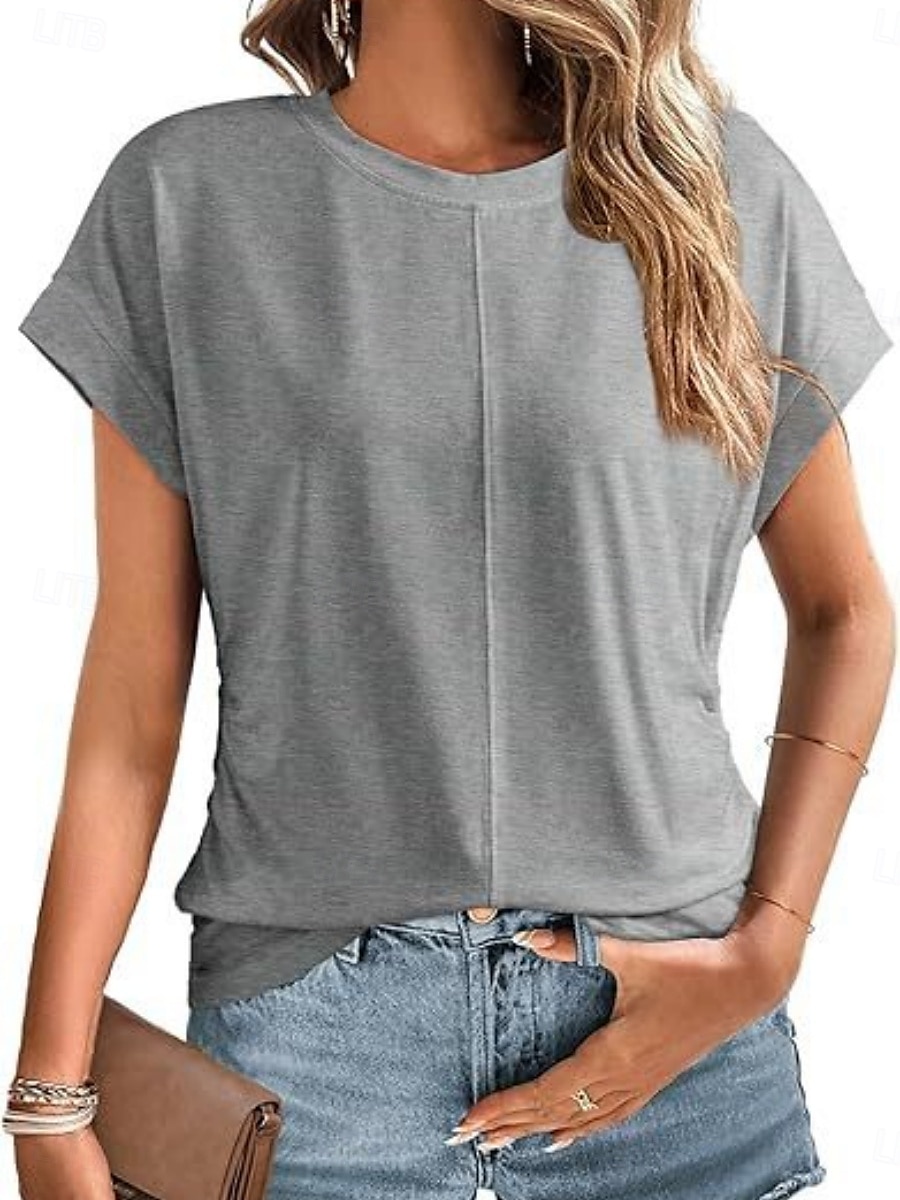 T Shirt Femme Uni Élégant Décontracté Manches Courtes Col Ronde Tops Réguliers Quotidien Noir Blanc Vert Armée Vert Gris Été de 2025 ? $19.99 –P18