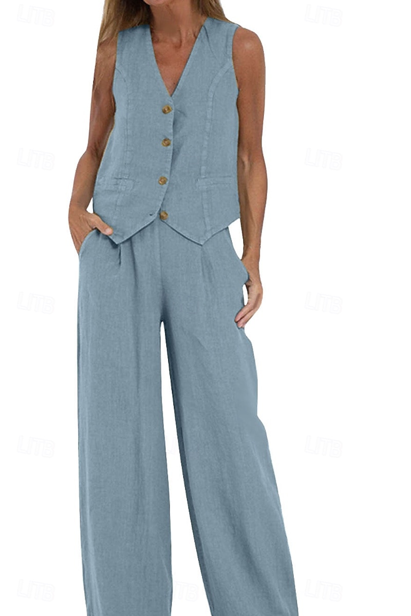 Women's Active Basic Linen-Inspired Sets Two Piece Sets Blouse Sleeveless V Neck Solid Color Dubbele Rij Knopen Vacation Casual Daily Black White Wine Summer Regular Fit 2025 - $26.99 –P14