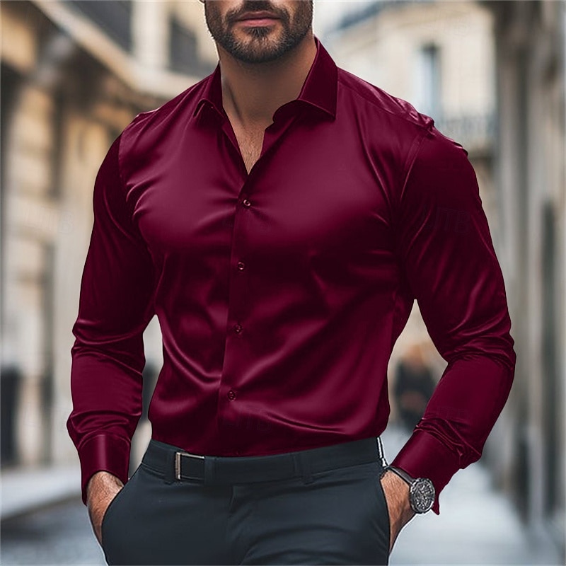 Herren Hemd Satinhemd Lässiges Hemd Knopfhemd Glatt Hochzeit Urlaub Schwarz Weiß Wein Königliches Blau Langarm Kargen Frühling & Herbst Bekleidung 2025 - $25.99 –P8
