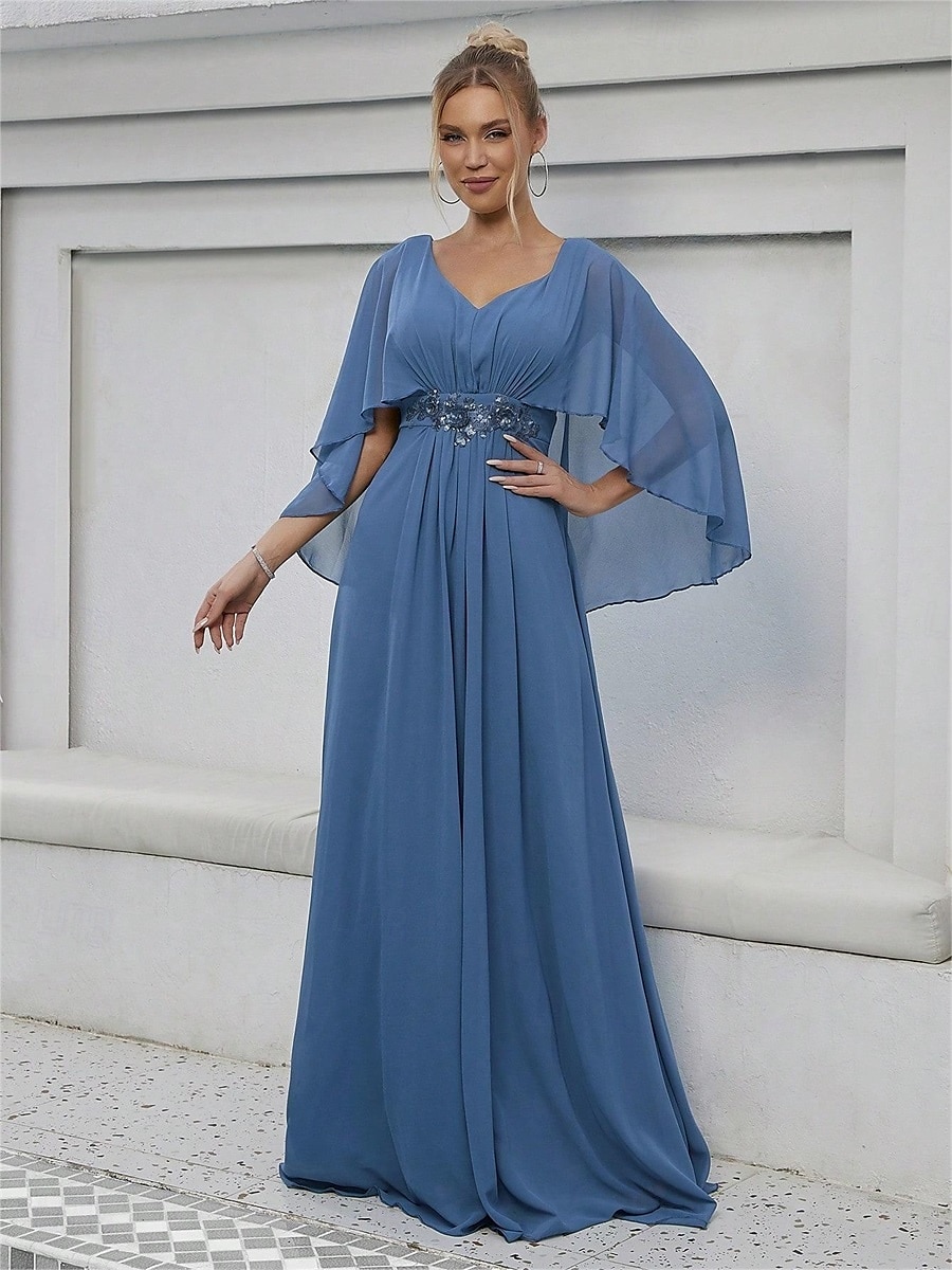 Dress Mother of the Bride Dress Elegant Party V Neck Floor Length Polyester Half Sleeve with Appliques 2025 2025 - $82.99 –P4