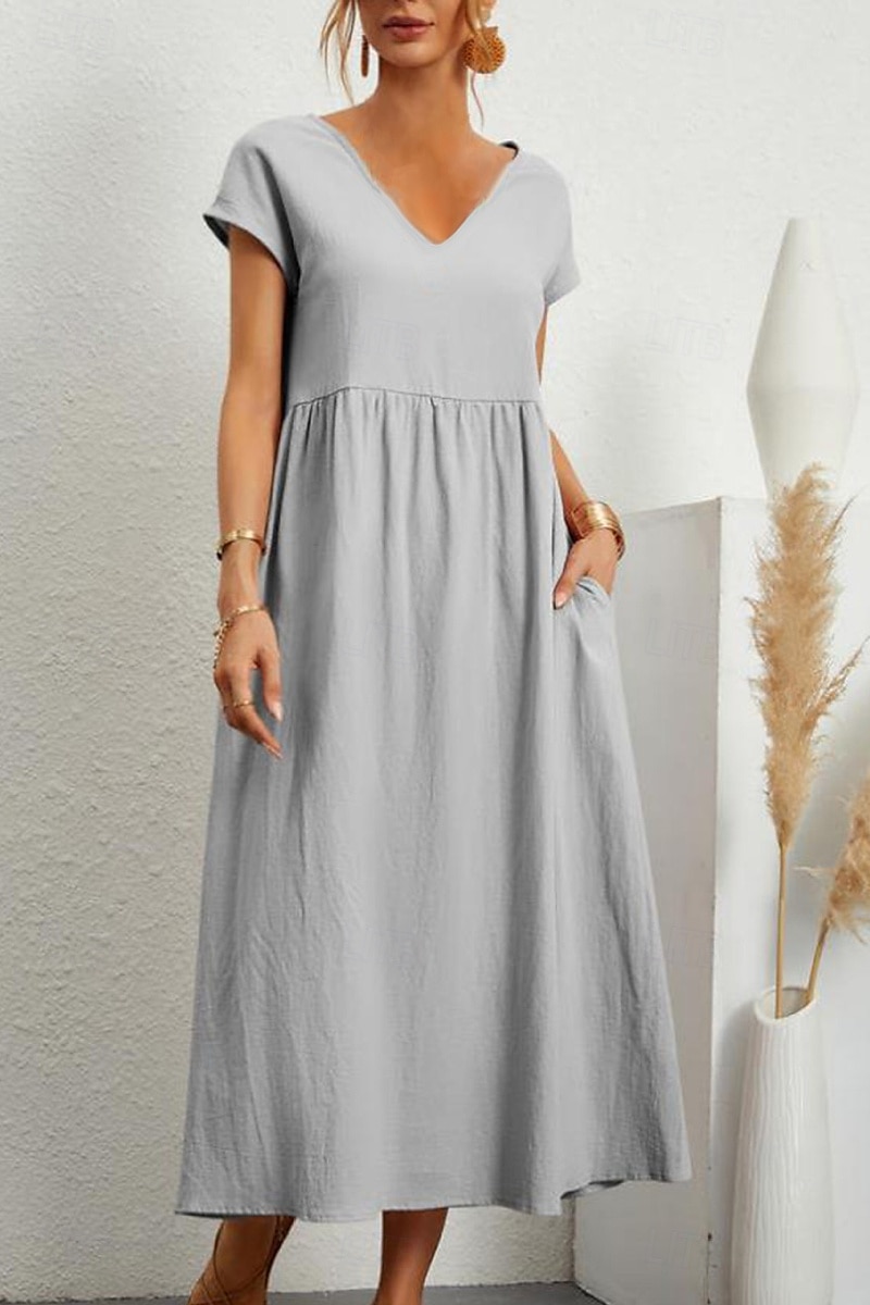 Women's Midi Dress Linen-Inspired Dresses Cotton Linen Dress Basic Classic Modern Vacation Daily Holiday Regular Fit Plain Short Sleeve V Neck Black Light Green Pink Army Green Summer 2025 - $26.99 –P8