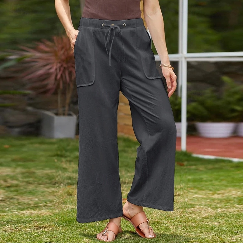 Mulheres Calças de linho de algodão Calças Simples Casual Comprimento total Natural Tecido Bolsos Design de cordão elástico Confortável Exterior Rua Roupa Diária Marron Escuro Verde Depressão Azul de de 2025 por $23.99 –P11