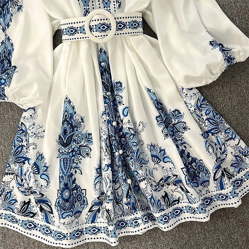 Dam Midiklänning Boho-klänning Klänning med tryck Mode Puffärmad Utomhus Helgdag Utekväll Normal Blomma Långärmad V-hals Blå Sommar 2025 - $26.99 –P5