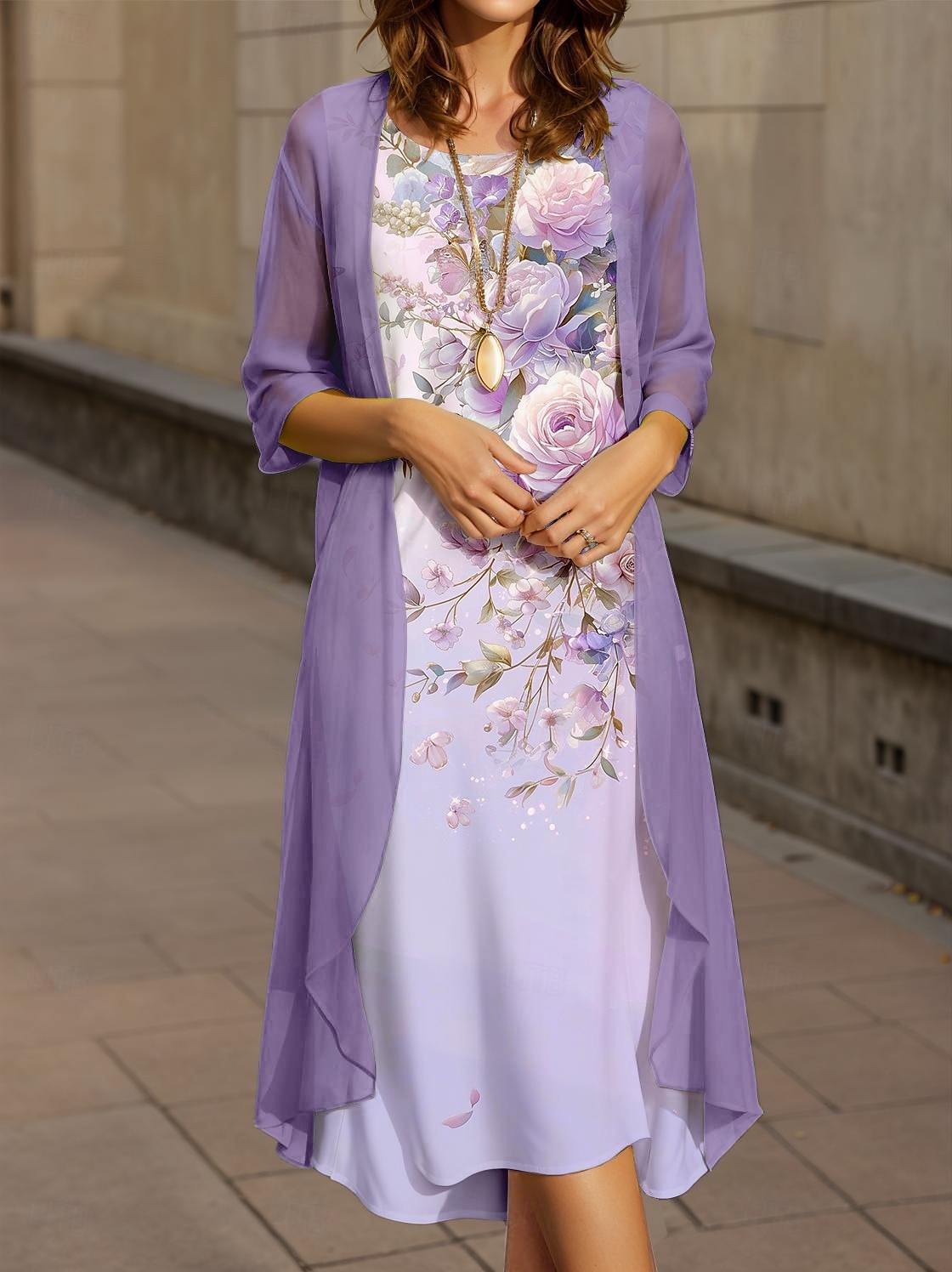 Women's Graduation Midi Dress 2 Pieces Dress Set A Line Dress Summer Dress Vacation Casual Floral Graphic Pleated Print Half Sleeve Crew Neck Vacation Daily Purple Spring Fall Regular Fit 2025 - $36.99 –P1