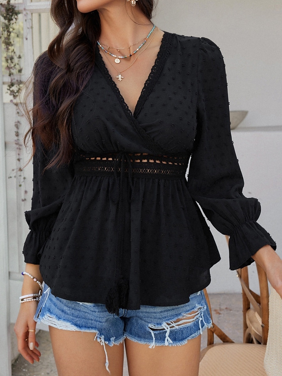 Kvinners Bluse Boho Skjorte Enfarget Stilfull Avslappet Langermet V-Hals Vanlige Topper Daglig Lappverk Utskjæring Sort Hvit Blå Aprikos Sommer Vår 2025 - $37.99 –P11