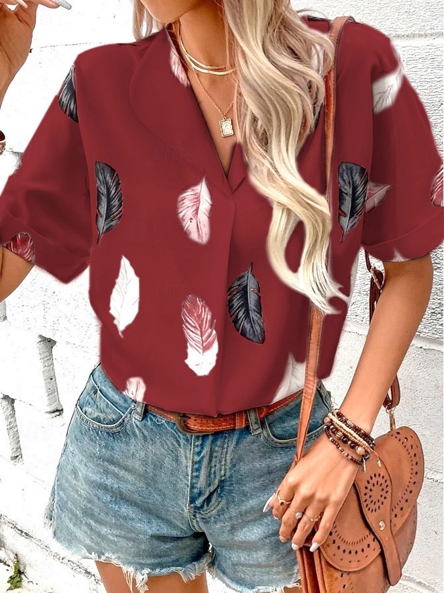Women's Shirt Feather Stylish Casual Short Sleeve Shirt Collar Regular Tops Daily Buttons Print Black White Pink Wine Blue Summer Spring 2025 - $19.99 –P16