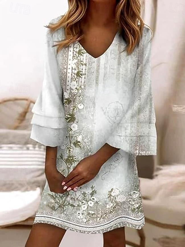Damen Minikleid Sommerkleid A Linie Kleid Urlaub Lässig Täglich Ferien Teegesellschaft Normale Passform Blumen Grafik Blatt Dreiviertelarm V Ausschnitt Blau Grau Sommer Frühling 2025 - $46.99 –P2