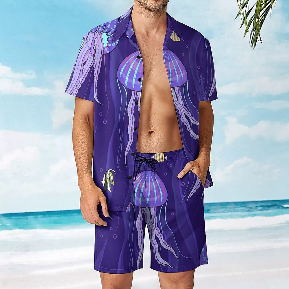Herren Quallen 2St Hemden-Sets Sommeroberteile Kurzarm Kurze Hosen Umlegekragen Resort Outdoor Lässig Urlaubskleidung 3D-Druck Sommer Violett 2025 - $37.99 –P1
