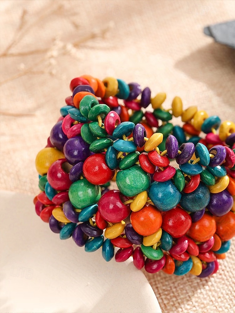 Pulseira de contas de madeira feita à mão para mulheres - pulseira elástica boho chunky, joias femininas de estilo étnico vintage natural, acessórios casuais e de praia de 2025 por $9.99 –P5
