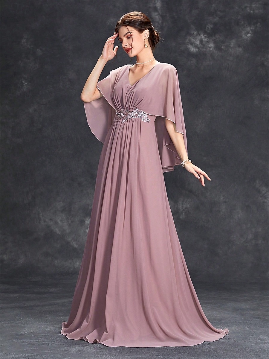 Dress Mother of the Bride Dress Elegant Party V Neck Floor Length Polyester Half Sleeve with Appliques 2025 2025 - $82.99 –P12