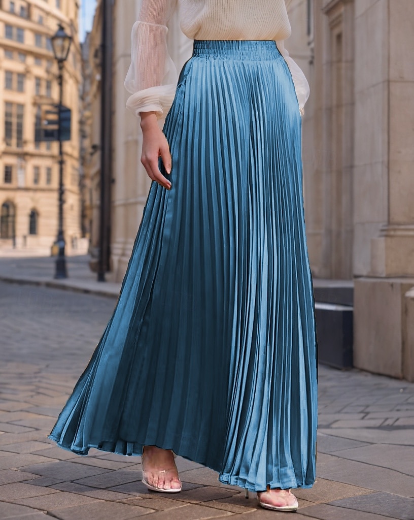 Damen Rock Langer Rock Mode Lang Maxi Hohe Taille Röcke Einfarbig Gerafft Plissiert Schimmernd Mikroelastisch Täglich Ferien Silber Pfauenblau Marineblau Schwarz Frühling, Herbst, Winter, Sommer 2025 - $23.99 –P8