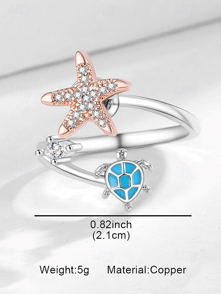 регулируемое кольцо с морской звездой и морской черепахой – вращающееся кольцо с кристаллами на морскую тематику, серебряные и розово-золотые пляжные украшения для женщин и девочек, стильный летний аксессуар для отпуска и подарков 2026 - $7.99 –P4