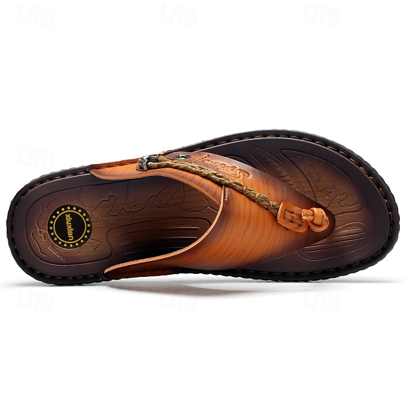 Chanclas de lujo para hombre de piel sintética marrón con diseño en relieve y correa trenzada: calzado de primera calidad y comodidad para salidas informales con estilo. 2025 - $26.99 –P5
