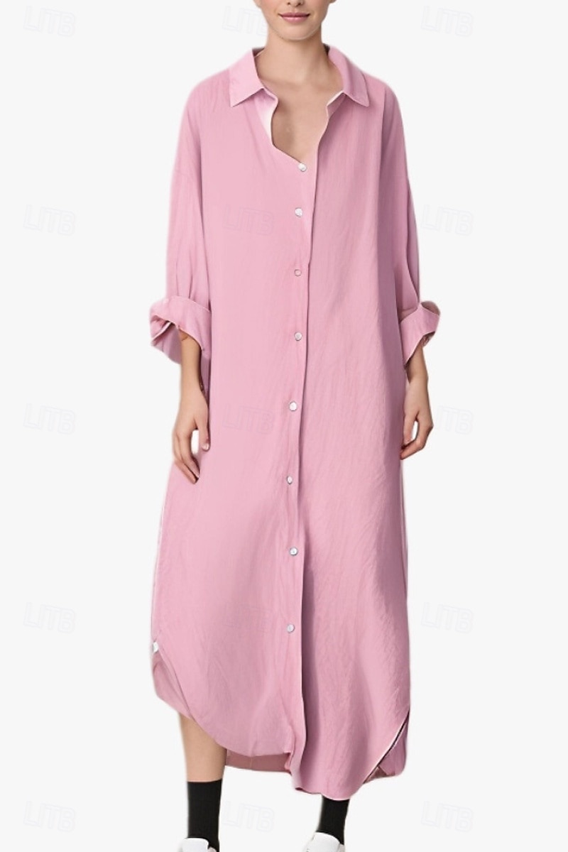Per donna Abito Midi Abito Camicia Abito in cotone e lino Moda Essenziale Classico Vacanza Ferie Uscire Vestibilità regolare Semplice Manica Lunga Colletto a Camicia Nero Bianco Verde chiaro Rosa del 2025 a $26.99 –P2