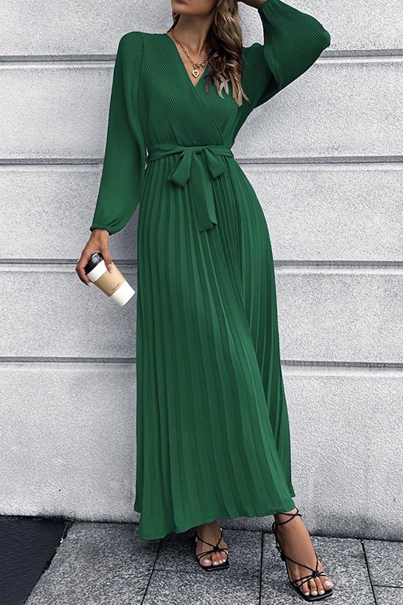 Dam Långklänning Maxiklänning Cocktail klänning Ruched Klänning Elegant Mode Födelsedag Tebjudning Utekväll Normal Slät Långärmad V-hals Svart Rubinrött Grön Sommar 2025 - $29.99 –P6