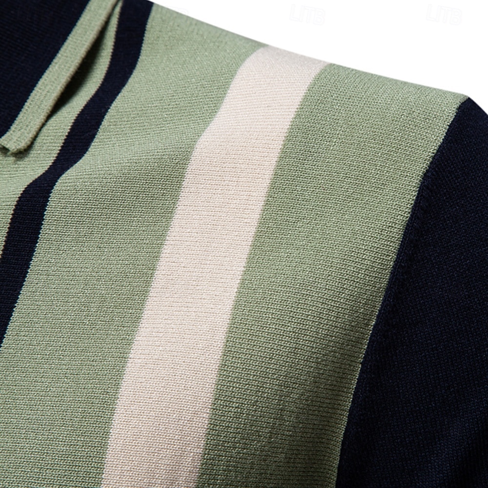 Men's Polo Knit Polo Sweater Formal Work Turndown Short Sleeve Striped Vertical Stripes Stripe Buttons Spring Black Khaki Polo 2026 - $29.99 –P4