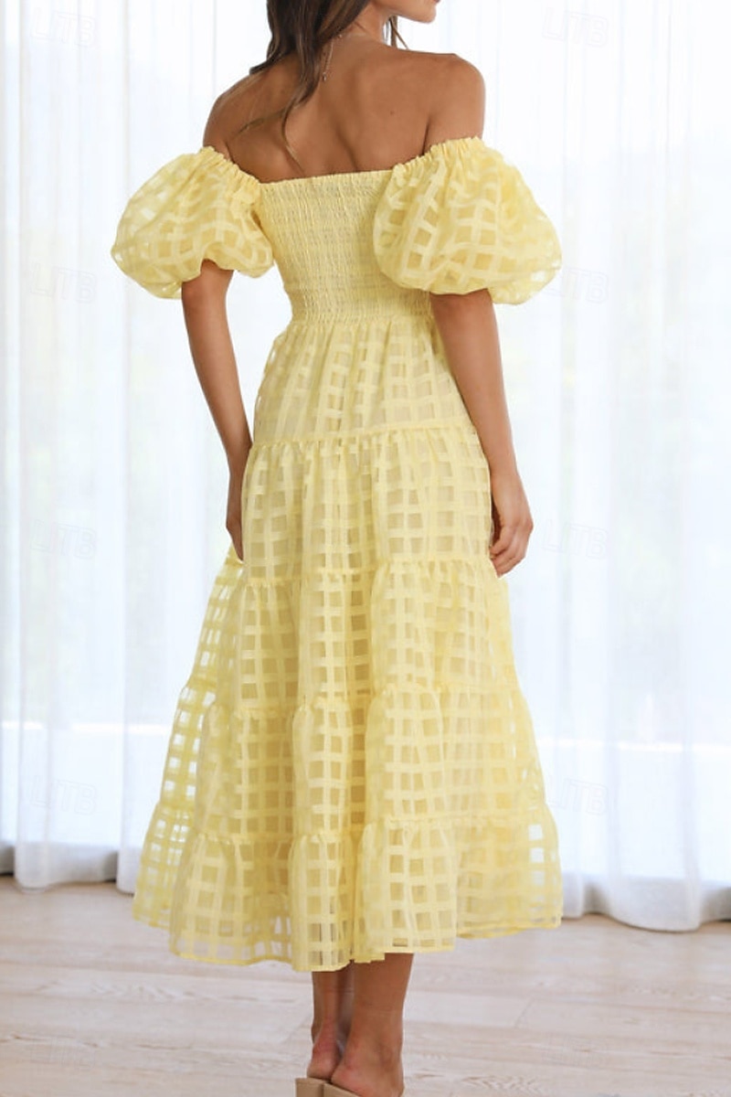 Women's Midi Dress Graduation Dress Fashion Modern Lantern Sleeve Vacation Graduation Weekend Regular Fit Plain Short Sleeve Off Shoulder Black White Yellow Pink Summer 2025 - $27.99 –P17