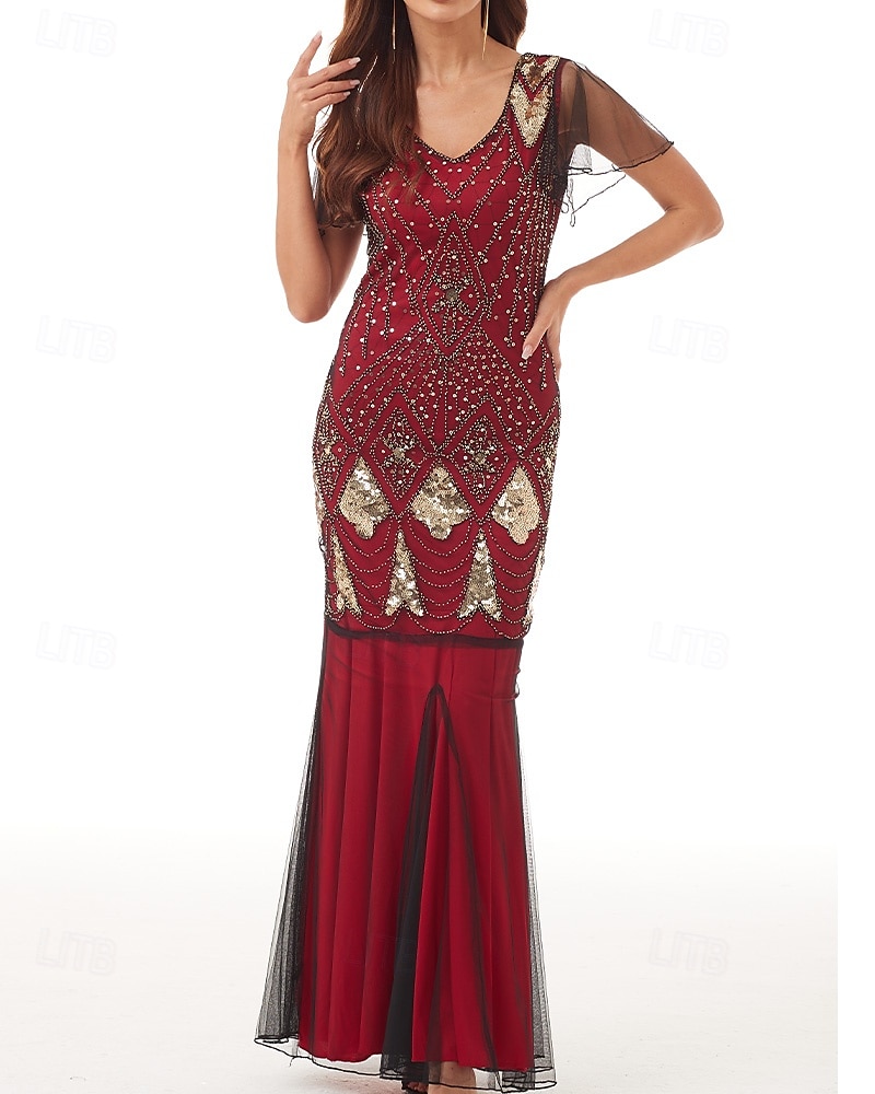 Sheath / Column Mother of the Bride Dress Elegant Vintage Party V Neck Floor Length Lace Tulle Short Sleeve with Beading Sequin Appliques 2025 - $79.99 –P7