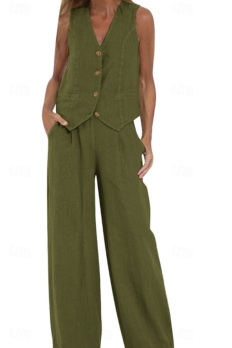 Women's Active Basic Linen-Inspired Sets Two Piece Sets Blouse Sleeveless V Neck Solid Color Dubbele Rij Knopen Vacation Casual Daily Black White Wine Summer Regular Fit 2025 - $26.99 –P15