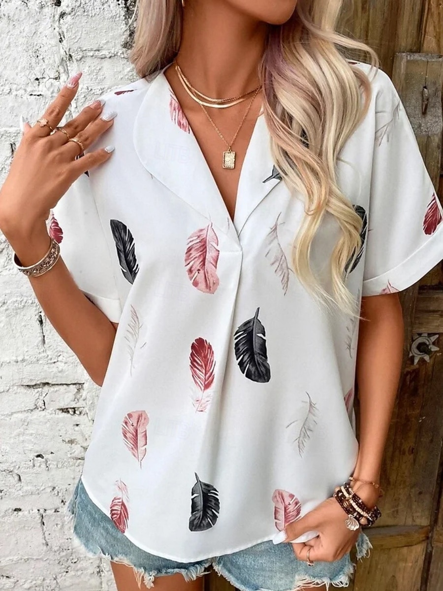 Women's Shirt Feather Stylish Casual Short Sleeve Shirt Collar Regular Tops Daily Buttons Print Black White Pink Wine Blue Summer Spring 2025 - $19.99 –P2