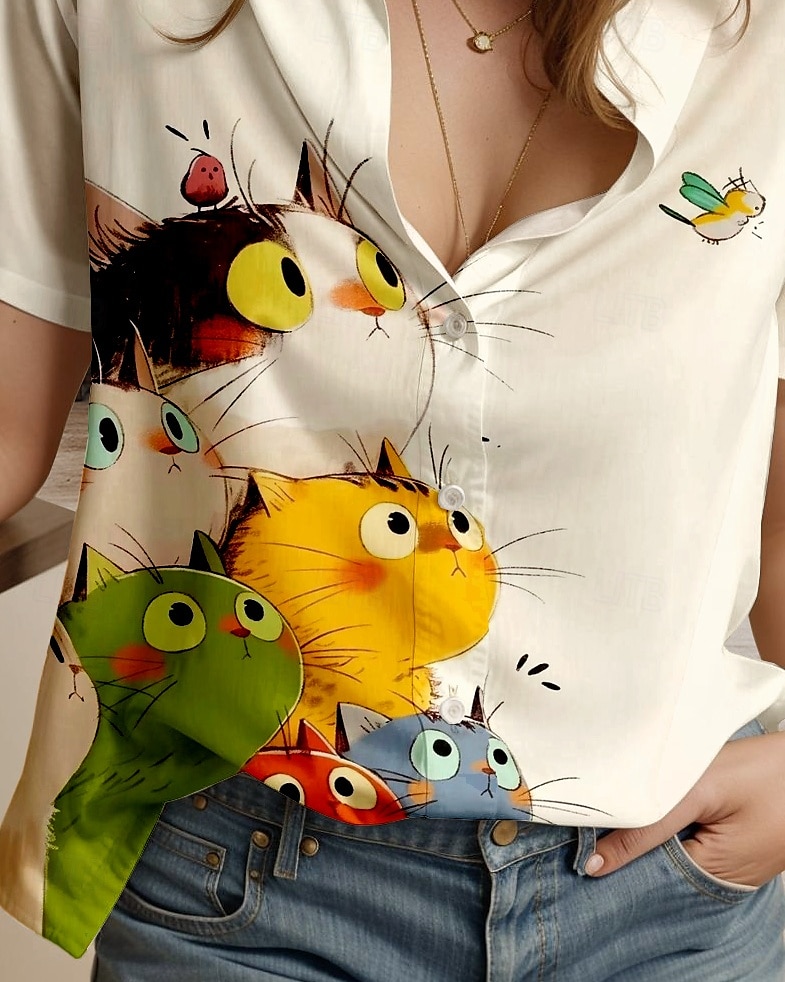 Damenhemd Langarm Button-Down Bluse Grafik Tier Katze Alltag Stilvolles Kurzarmhemd Kragen Regulär Oberteile Alltag Beige Sommer Frühling 2025 - $24.99 –P3