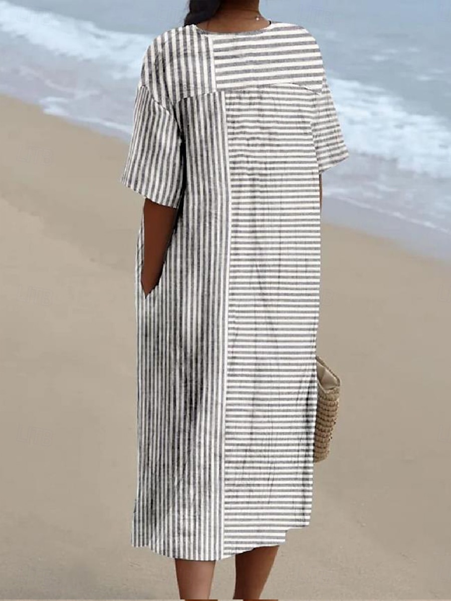 Dame Midikjole Solkjole Ferie Fritid Strandstil Daglig Ut på byen Løstsittende Grafisk Stripe Kortermet V-hals Aske Sommer 2025 - $37.99 –P2