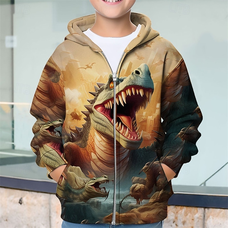 Pojkar 3D Dinosaurie Huvtröja Kappa Ytterkläder Långärmad Vår Höst Förtjusande Sport Barn 4-12 år Blixtlås Gata Dagligen Normal 2025 - $18.99 –P1