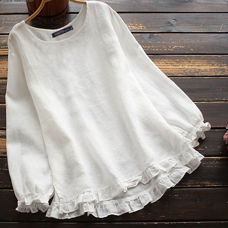 Women's Blouse Cotton Linen Shirts Plain Basic Modern Long Sleeve Square Neck Regular Tops Daily Holiday Going out Ruffle Black White Pink Army Green Navy Blue Summer 2025 - $22.99 –P6