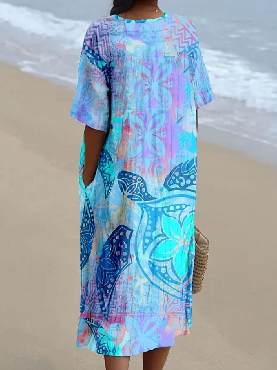 Damskie Sukienka midi Sukienka letnia Letnie sukienki Urlop Codzienny Styl plażowy Wyjściowe Luźna Kwiaty Graficzny Rękaw 1/2 W serek Niebieski Lato 2025 - $37.99 –P2