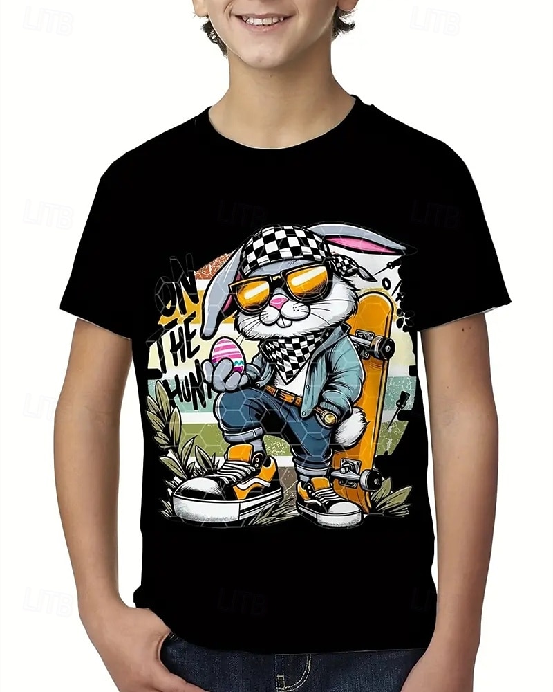 2026年 男の子 3D バニー Tシャツ Ｔシャツ 半袖 夏 春 ファッション ベーシック 子供 4〜12年 クルーネック アウトドア カジュアル 日常 レギュラー  コレクション – $15.49 –P1