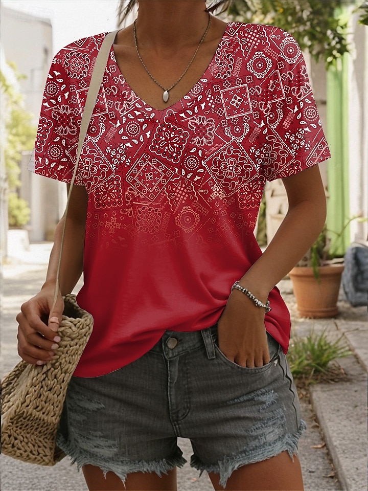Femmes T-shirt A Ombre Fleuri Graphique Occasionnel Manche Courte Col en V Hauts Réguliers Quotidien Imprimé Jaune Rouge Bleu Été Printemps de 2025 ? $19.99 –P1