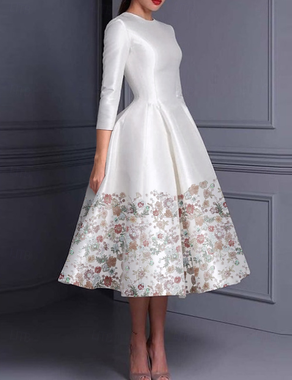 Floral Pink A-Line Cocktail Dresses Elegant Dress Formal Valentine's Day Tea Length 3/4 Length Sleeve Jewel Neck Belt / Sash Satin with Glitter Slit Embroidery 2025 - $153.99 –P1
