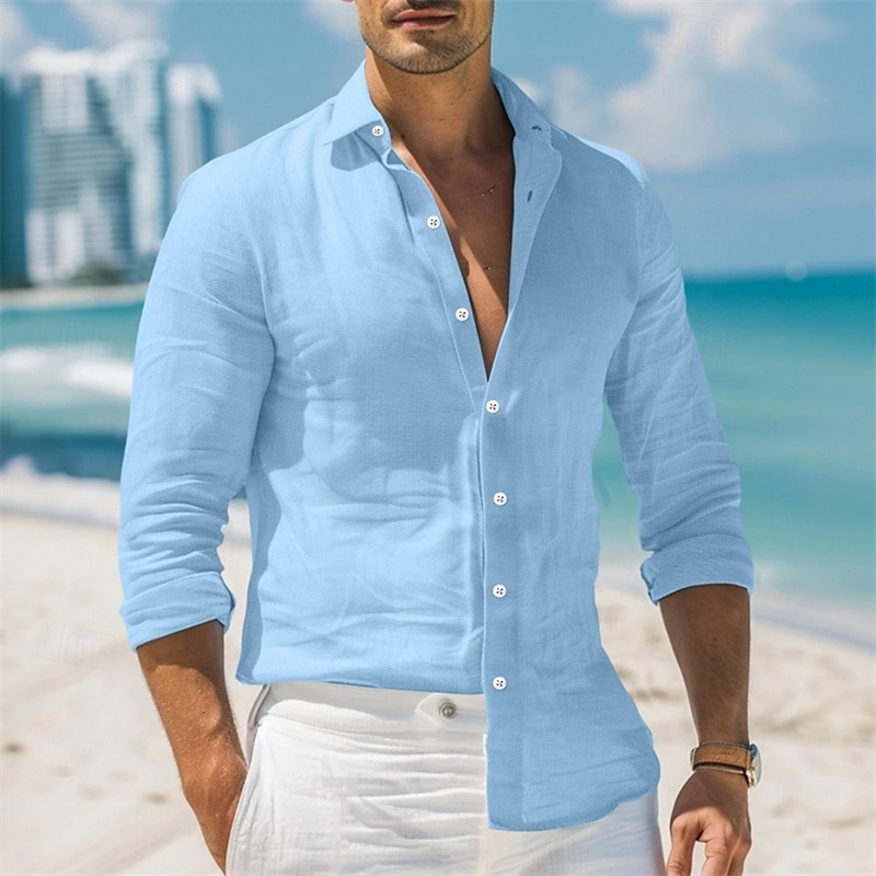 Herrenhemd Leinenhemd Sommerhemd Strandkleidung Button-Up-Hemd Einfarbig Urlaub Freizeit Schwarz Weiß Rosa Blau Langarm Kragen Frühling & Sommer Kleidung Bekleidung 2025 - $23.99 –P2
